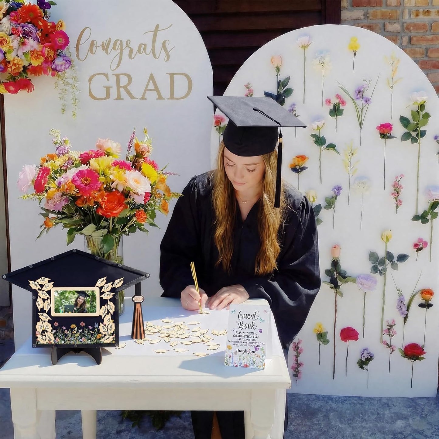 Yalikop 84 Pcs Wildflower Graduation Guest Book Alternative 2026 Graduation Signature Grad Cap Signing Frame with 80 Wood Slices, Pen & Stand Grad Keepsake Gift for High School College Party