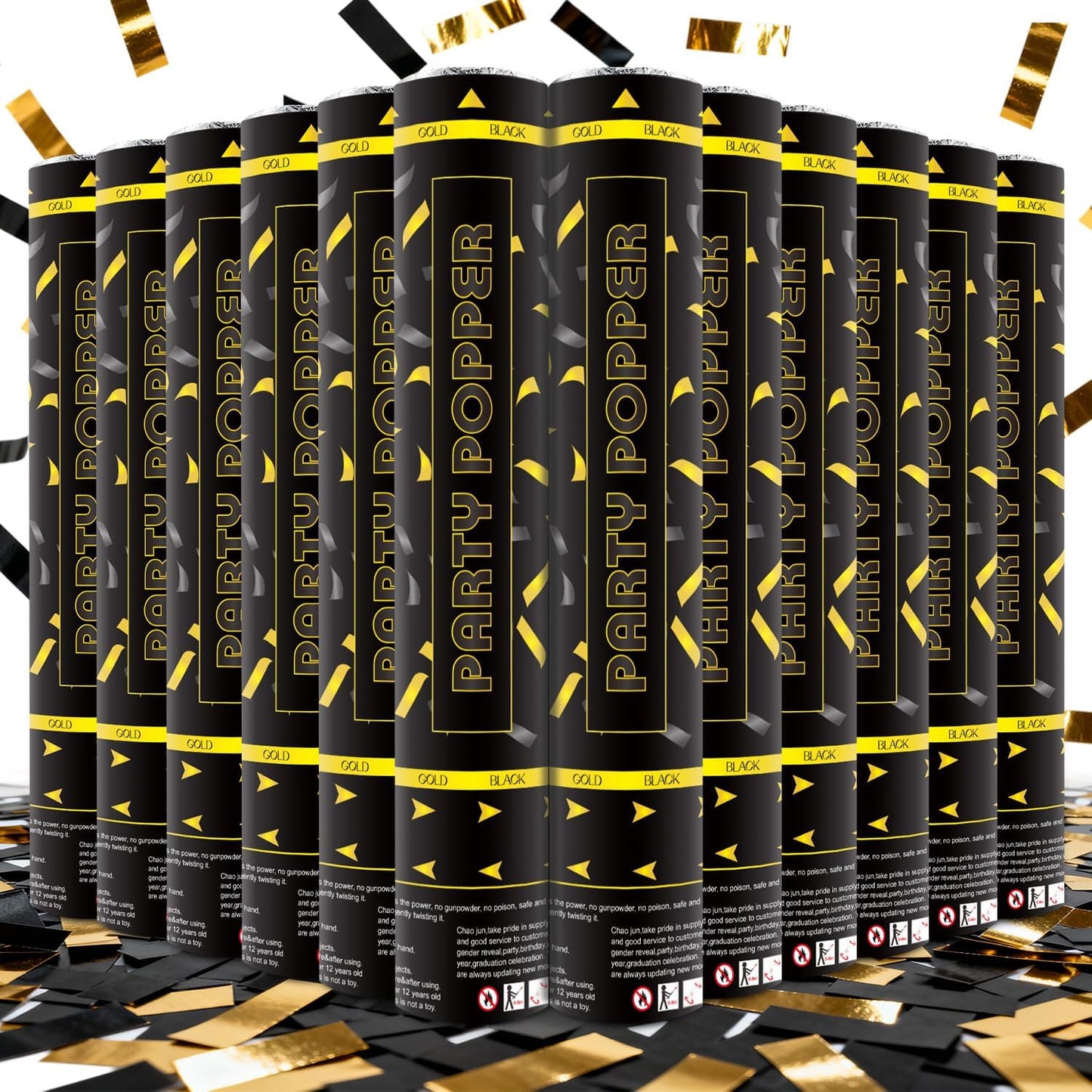 Confetti Poppers 12 Pack Confetti Cannon Black and Gold Party Confetti 12 inch Metallic Foil Golden Black Confetti Party Poppers Confetti Shooters for Birthday Wedding Graduation Christmas New Year