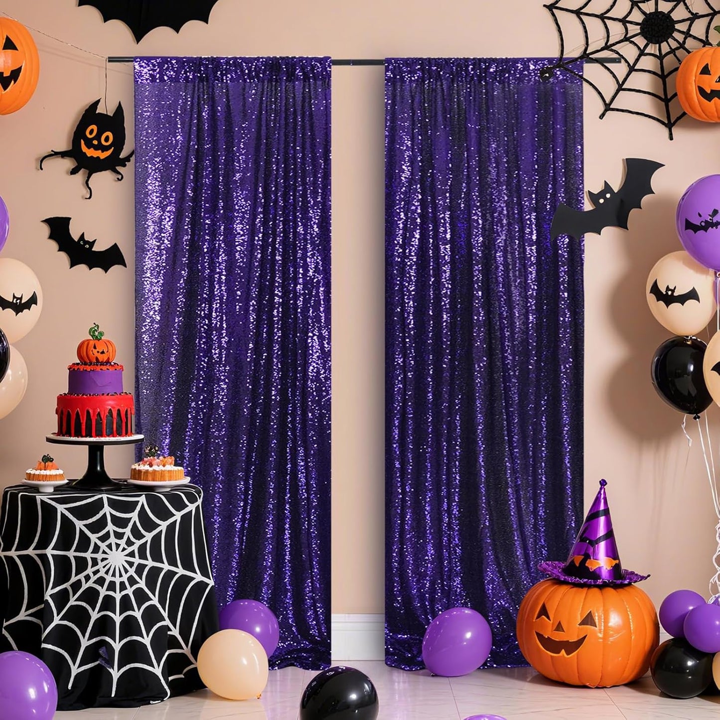 Poise3EHome Black Sequin Backdrop Curtains, 2 Panels 2FTx8FT Glitter Photo Booth Backdrop for Halloween Birthday Bachelorette Wednesday Twilight Party Decorations