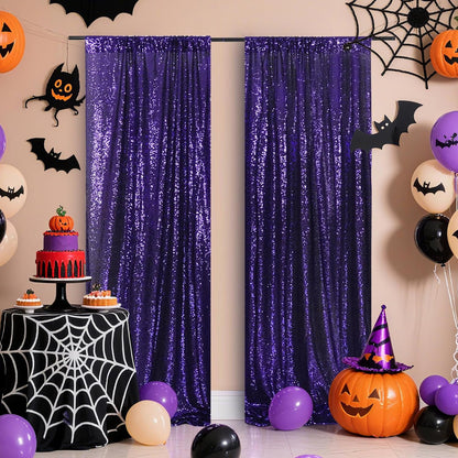 Poise3EHome Black Sequin Backdrop Curtains, 2 Panels 2FTx8FT Glitter Photo Booth Backdrop for Halloween Birthday Bachelorette Wednesday Twilight Party Decorations