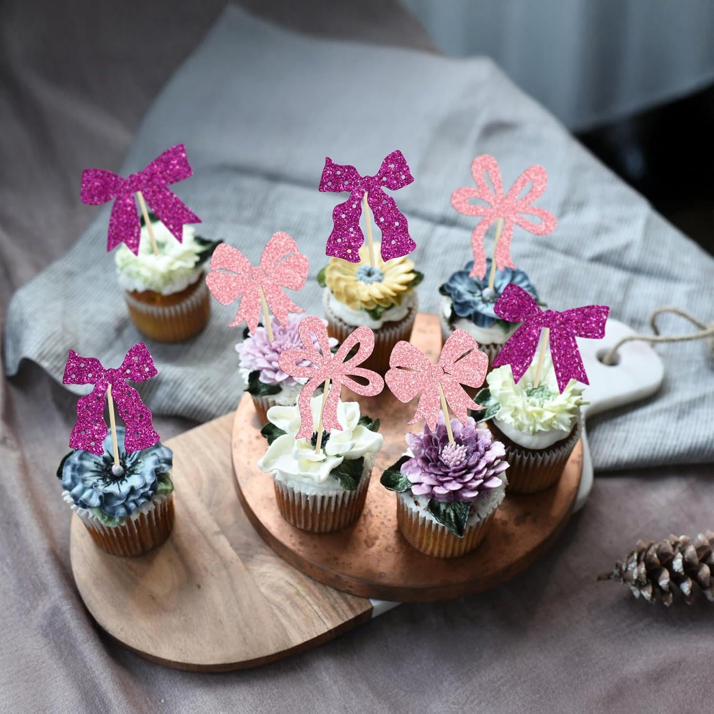 Ephlyn 24Pcs Pink Bow Cupcake Toppers Bow Birthday Cake Topper Girls Birthday Party Decorations Bowknot Cupcake Decorations for Bridal Wedding Themed Party Multi