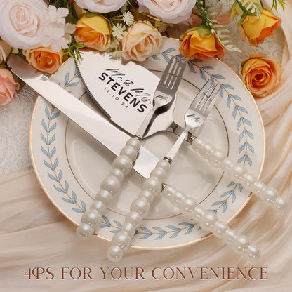 Pearl Wedding Cake Knife and Server Set with Forks, Cake Cutting Set with Stainless Steel Serrated Edges, Silver Pie Cutter Pizza Spatula, Gift for Bridal Couples Engagement (Mr & Mrs)
