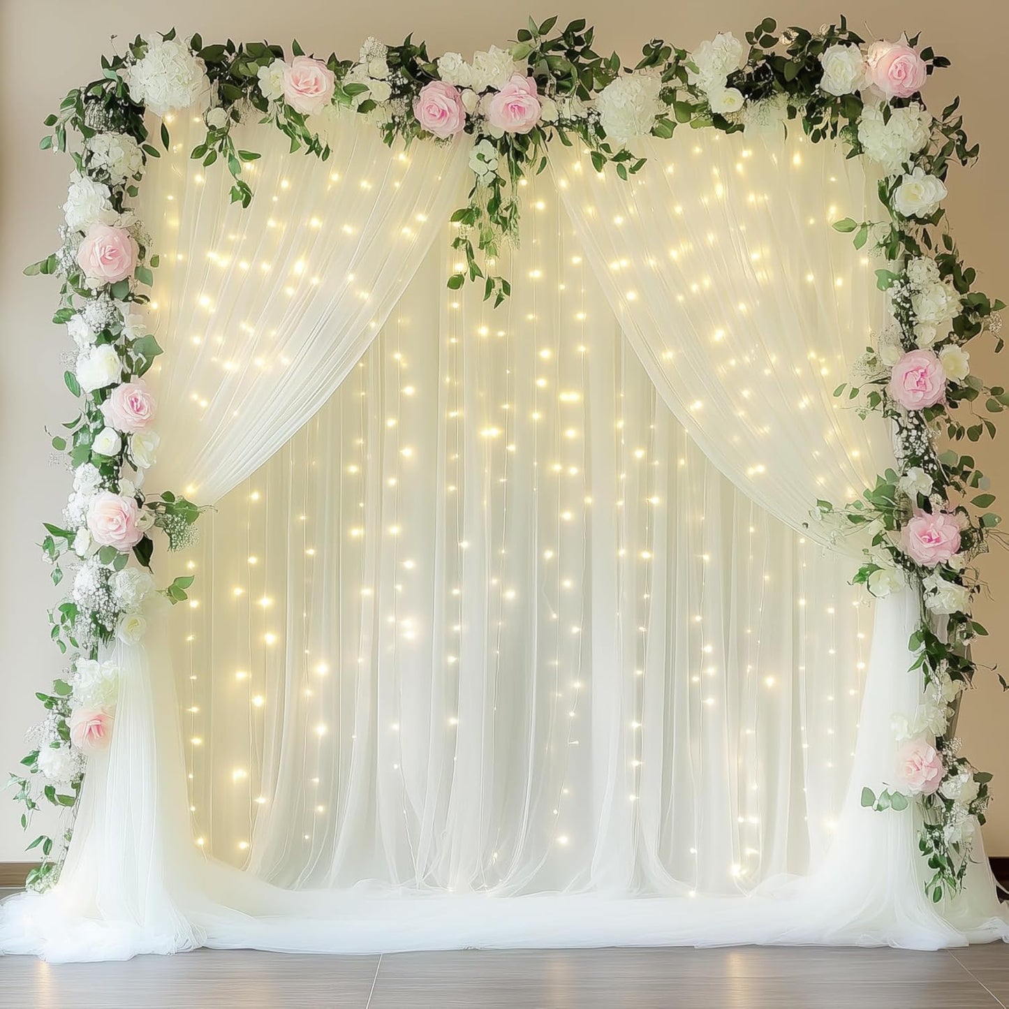 Fomcet Tulle Backdrop Curtains with Lights String White 10FT X 8FT Sheer Curtain with Lights Tulle Curtains Backdrop for Wedding Birthday Party Baby Shower Photo Shoot (2 Panels 5x8FT)