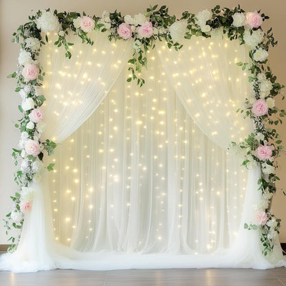 Fomcet Tulle Backdrop Curtains with Lights String White 10FT X 8FT Sheer Curtain with Lights Tulle Curtains Backdrop for Wedding Birthday Party Baby Shower Photo Shoot (2 Panels 5x8FT)