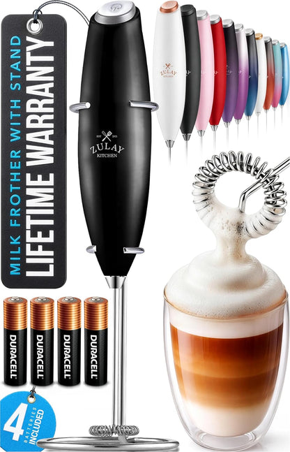Zulay Kitchen Powerful Milk Frother Wand With Duracell Batteries - Ultra Fast Handheld Drink Mixer - Electric Whisk Foam Maker for Coffee, Lattes, Cappuccino & Matcha - Z1 Motor - Black - Colors C
