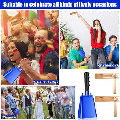 Nuanchu 10 Inch Cowbell Noise Makers for Sport Event Steel Cowbell with Handle and 2 Pcs Wooden Spinning Rattle Ratchet Matraca Cheer Bell Alarm for Football Game Musical Percussion Instruments(Brown)