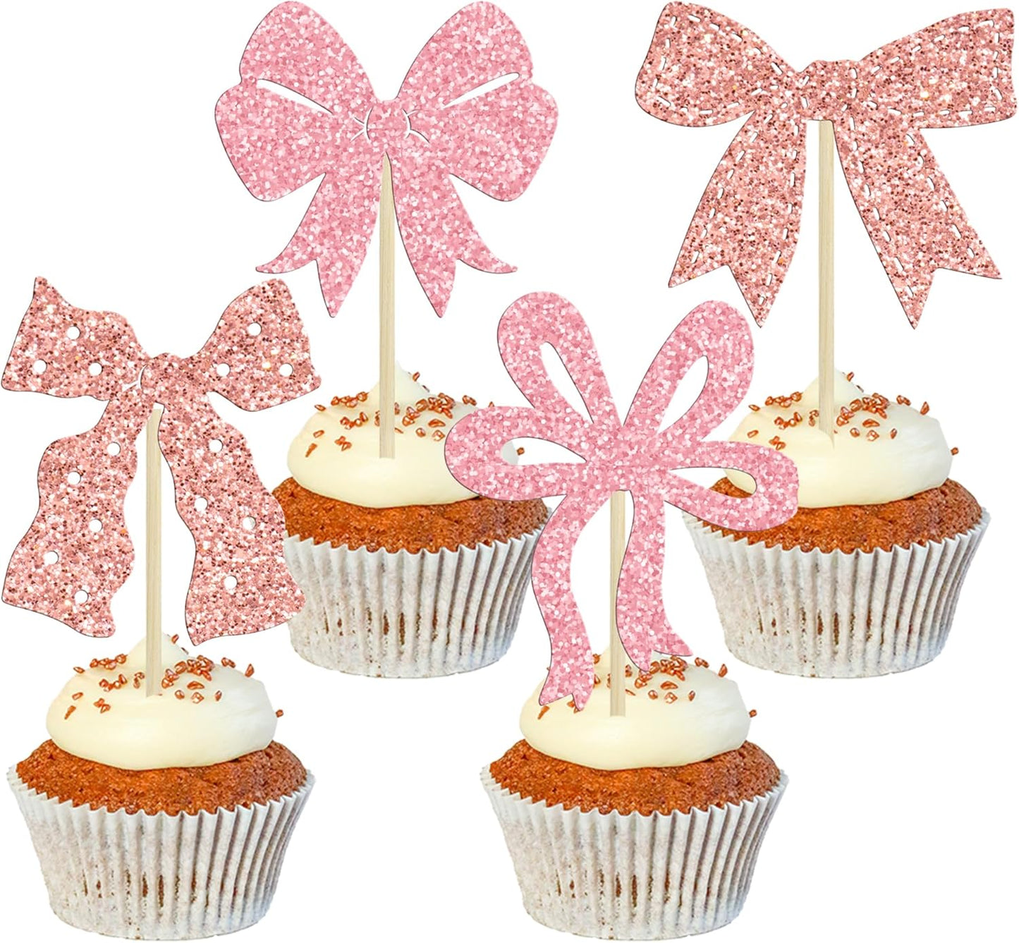 Ephlyn 24Pcs Pink Bow Cupcake Toppers Bow Birthday Cake Topper Girls Birthday Party Decorations Bowknot Cupcake Decorations for Bridal Wedding Themed Party Multi