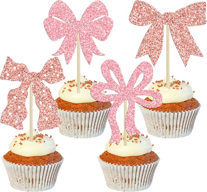 Ephlyn 24Pcs Pink Bow Cupcake Toppers Bow Birthday Cake Topper Girls Birthday Party Decorations Bowknot Cupcake Decorations for Bridal Wedding Themed Party Multi