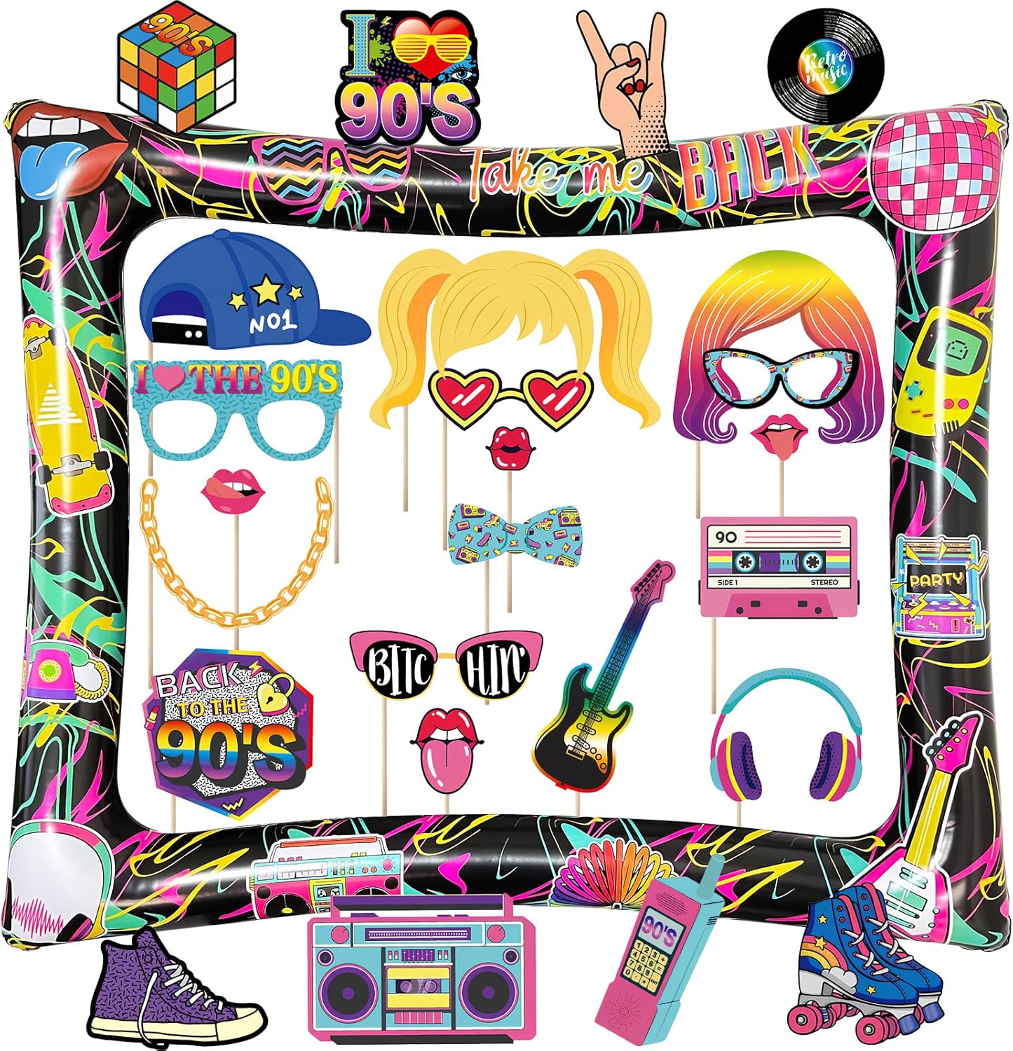 Hawaiian Photo Booth Props & Inflatable Frame, 30Pcs Luau Photobooth Props with Large Inflatable Inflatable Selfie Picture Frame for Summer Tropical Aloha Luau Party Selfie Supplies