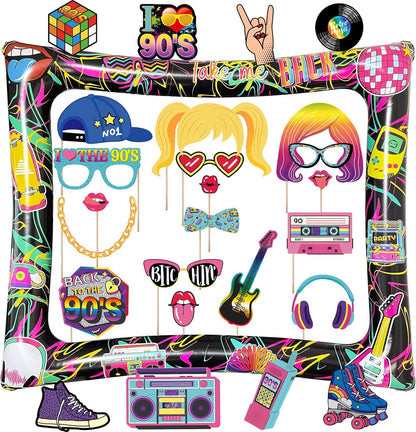 Hawaiian Photo Booth Props & Inflatable Frame, 30Pcs Luau Photobooth Props with Large Inflatable Inflatable Selfie Picture Frame for Summer Tropical Aloha Luau Party Selfie Supplies