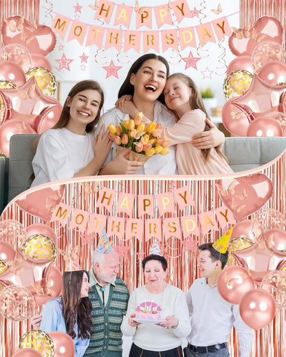 Lutoys Rose Gold Happy Birthday Party Decorations, Happy Birthday Banner, Rose Gold Foil Heart Star Confetti Balloons Curtain Backdrop Hanging Swirls Party Decor for Girls Women Princess