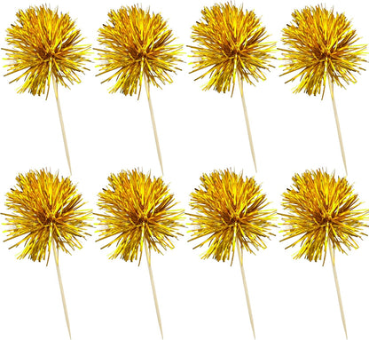 Ephlyn 30Pcs Foil Firework Cupcake Toppers Sparkle Tinsel Cupcake Picks Drink Stirrers Cocktail Food Fruit Toothpicks for Baby Shower Graduation Party Supplies White