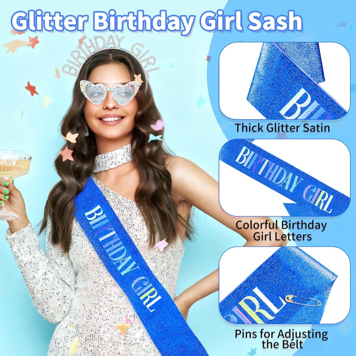 3Pcs Birthday Girl Sash Headband Set-Birthday Sash Tiara and Crown Sunglasses for Girls Women