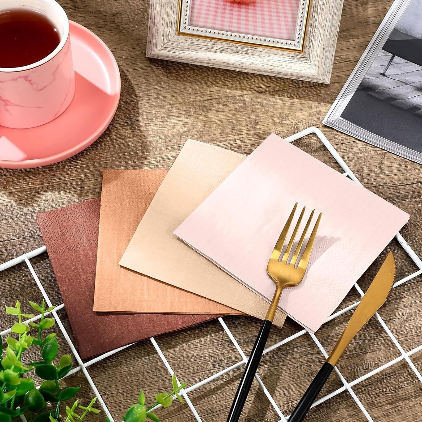 Layhit 100 Pcs Cocktail Napkins Disposable Beverage Napkins Square Paper Dessert Tissue for Wedding Birthday Celebration Party Supplies(Brown Series,5 x 5 Inch)