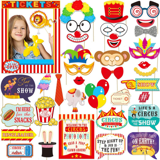 38pcs Carnival Themed Party Photo Booth Props, Circus Selfie Frame with Circus Party Photo Props, Carnival Themed Birthday Party Decorations Clown Birthday Baby Shower Supplies