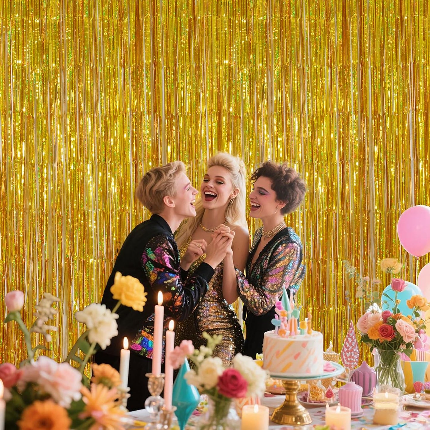 Iridescent Party Decorations Fringe Backdrop, Sparkling Holographic Foil Fringe Tinsel Curtains for Frozen Mermaid Birthday Party Decor - 3.28x6.56ft 2 Packs