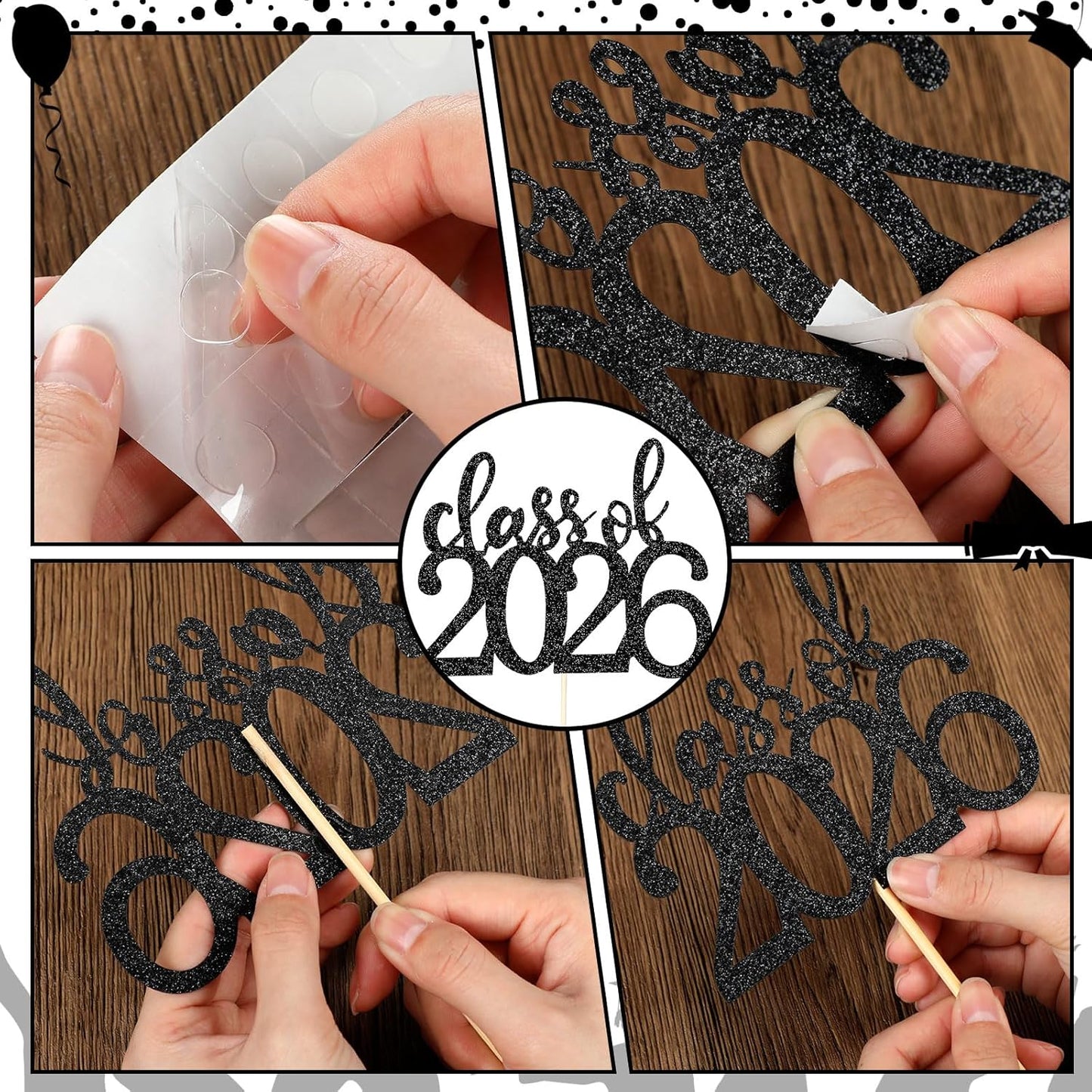 Amyhill 24 Pcs 2026 Graduation Decorations Class of 2026 Graduation Centerpiece Sticks Glitter Double Sided for Table Grad Party Decorations for Vase Table Toppers Supplies(Black)