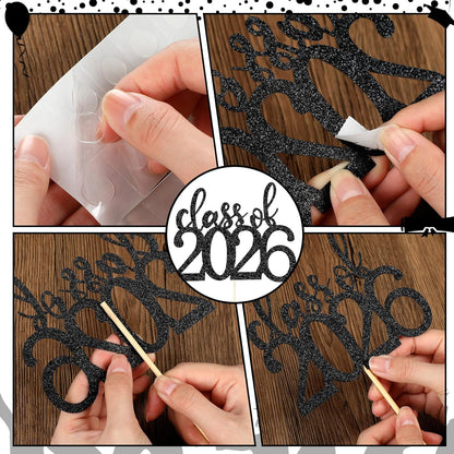 Amyhill 24 Pcs 2026 Graduation Decorations Class of 2026 Graduation Centerpiece Sticks Glitter Double Sided for Table Grad Party Decorations for Vase Table Toppers Supplies(Black)