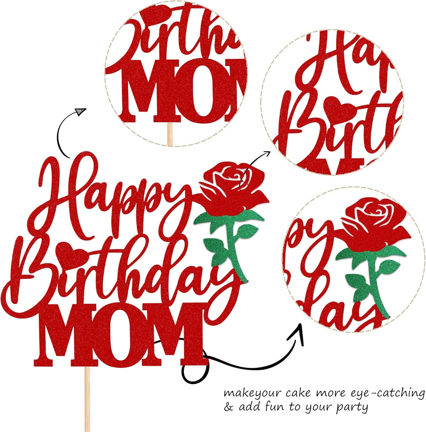 24 PCS Happy Mother's Day Cupcake Toppers with Glitter Heart Love Mother Best Mom Cupcake Picks for Happy Mother's Day Theme Women Birthday Party Cake Decorations Supplies Rose Gold