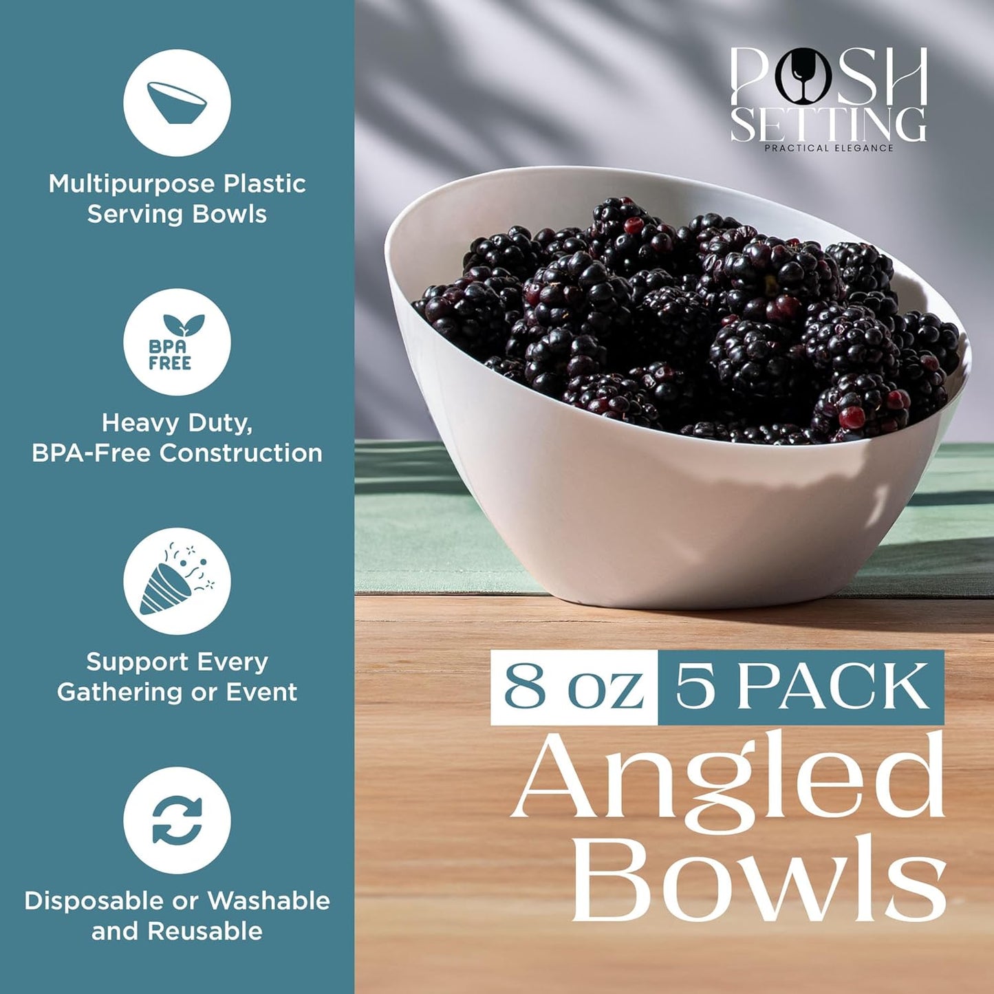 Posh Setting Crystal Clear, Disposable Premium Hard Plastic Medium Angled Bowl, Party, Salad, Snack and Fruit Bowl 5 Pack