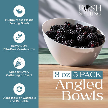 Posh Setting Crystal Clear, Disposable Premium Hard Plastic Medium Angled Bowl, Party, Salad, Snack and Fruit Bowl 5 Pack