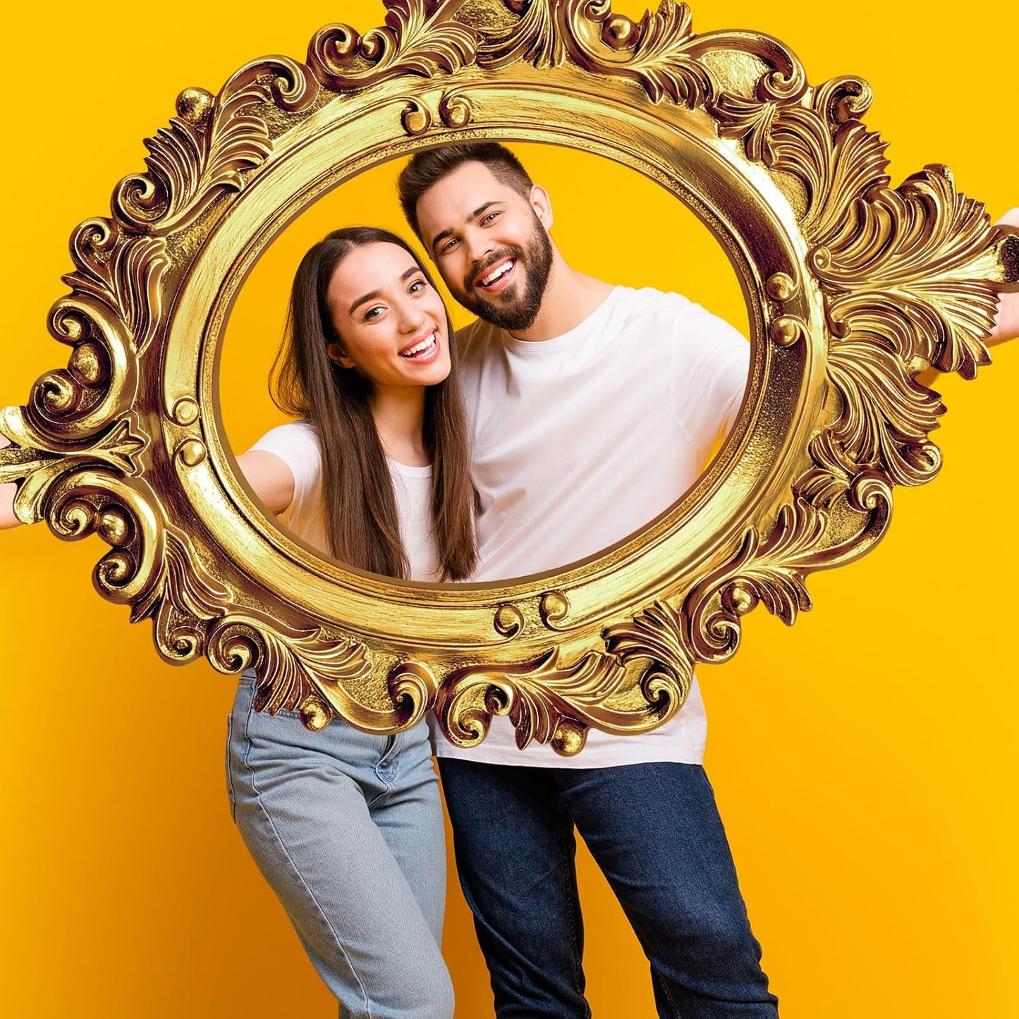 2 Pcs 32 x 24 Inch Large Photo Booth Props Gold Wedding Selfie Frame Vintage Photo Frame Picture Friends Selfie Props for Bachelorette Birthday 1920s Party Supplies, Rectangle and Oval