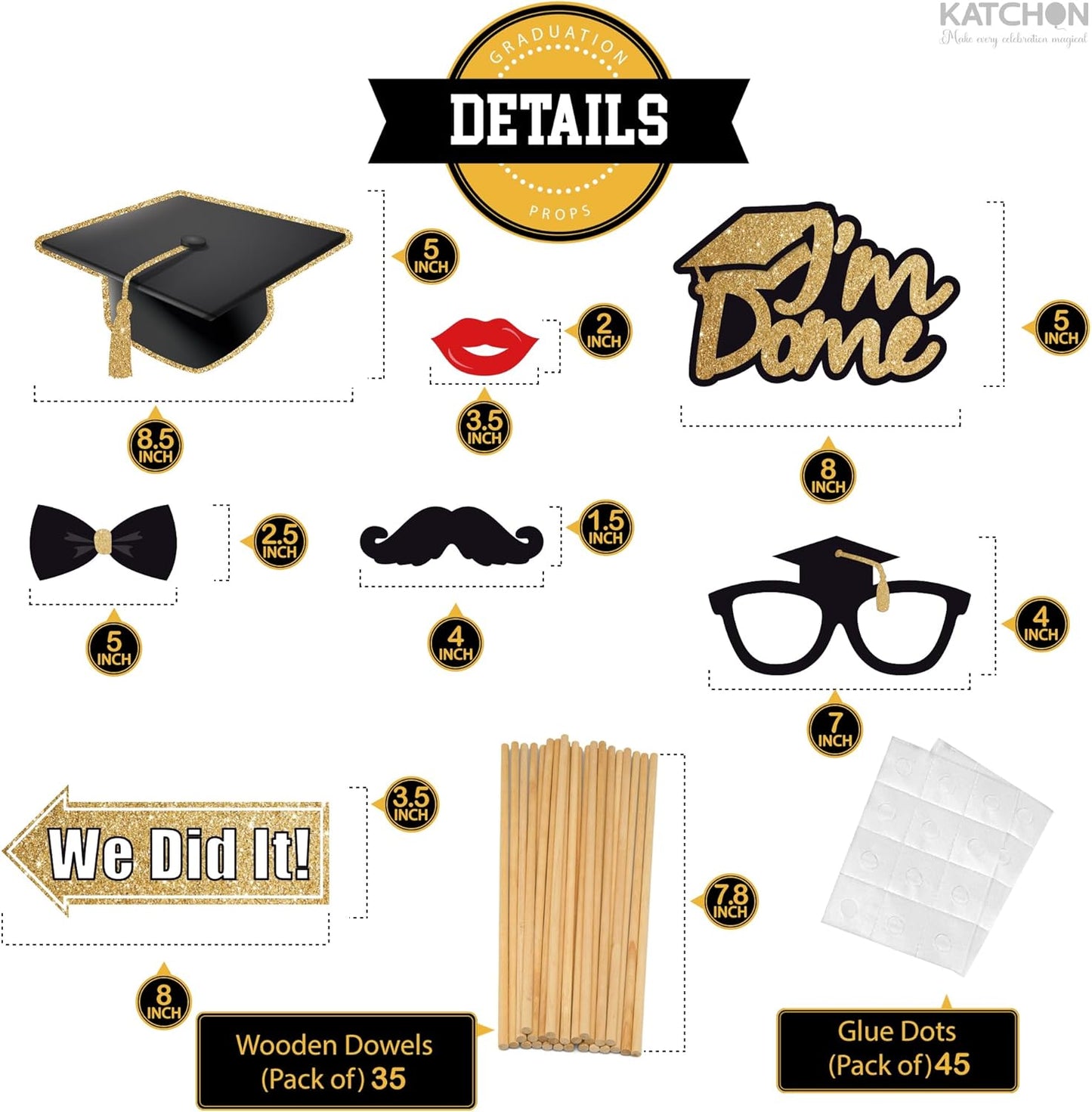 Graduation Decorations 2026 | Glitter Graduation Photo Props 2026 - Pack of 34 | Black and Gold Photo Props | Grad Photo Props for Congrats Grad Decorations | Graduation Party Decoration, KatchOn
