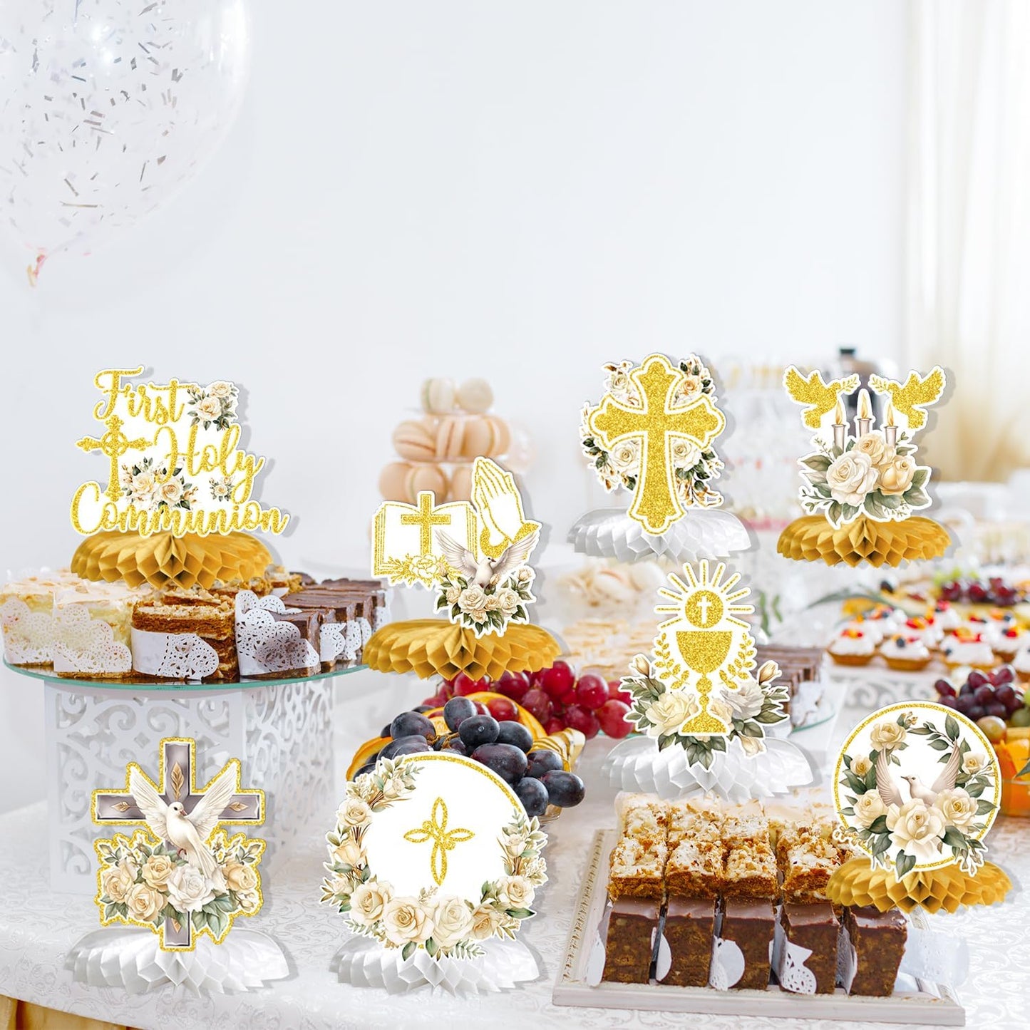 First Holy Communion Honeycomb Centerpieces, Baptism Decorations, God Bless Religious Party Table Decor, First Communion Table Centerpiece, Christening Baby Shower Party Decorations 9PCS