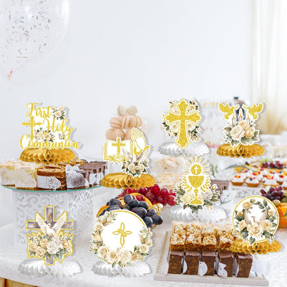 First Holy Communion Honeycomb Centerpieces, Baptism Decorations, God Bless Religious Party Table Decor, First Communion Table Centerpiece, Christening Baby Shower Party Decorations 9PCS