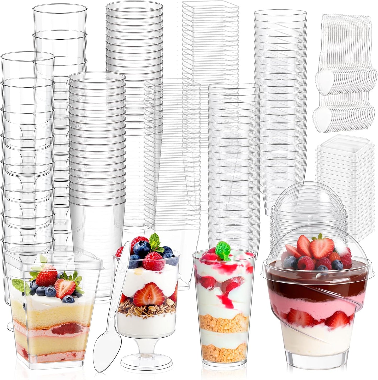 mwellewm 400 Pcs Dessert Cups with Lids and Spoons, 5 OZ Parfait Cups 3 OZ Plastic Desert Cups Clear Mini Shooter Cups for Party Reusable Small Appetizer Serving Fruit Cup Ice Cream Cake Pudding