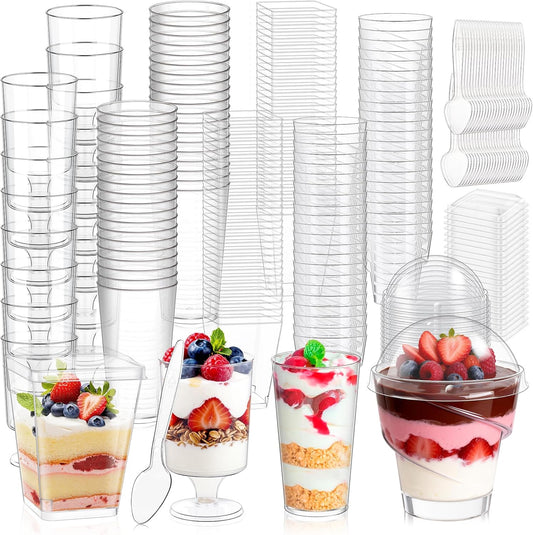 mwellewm 400 Pcs Dessert Cups with Lids and Spoons, 5 OZ Parfait Cups 3 OZ Plastic Desert Cups Clear Mini Shooter Cups for Party Reusable Small Appetizer Serving Fruit Cup Ice Cream Cake Pudding