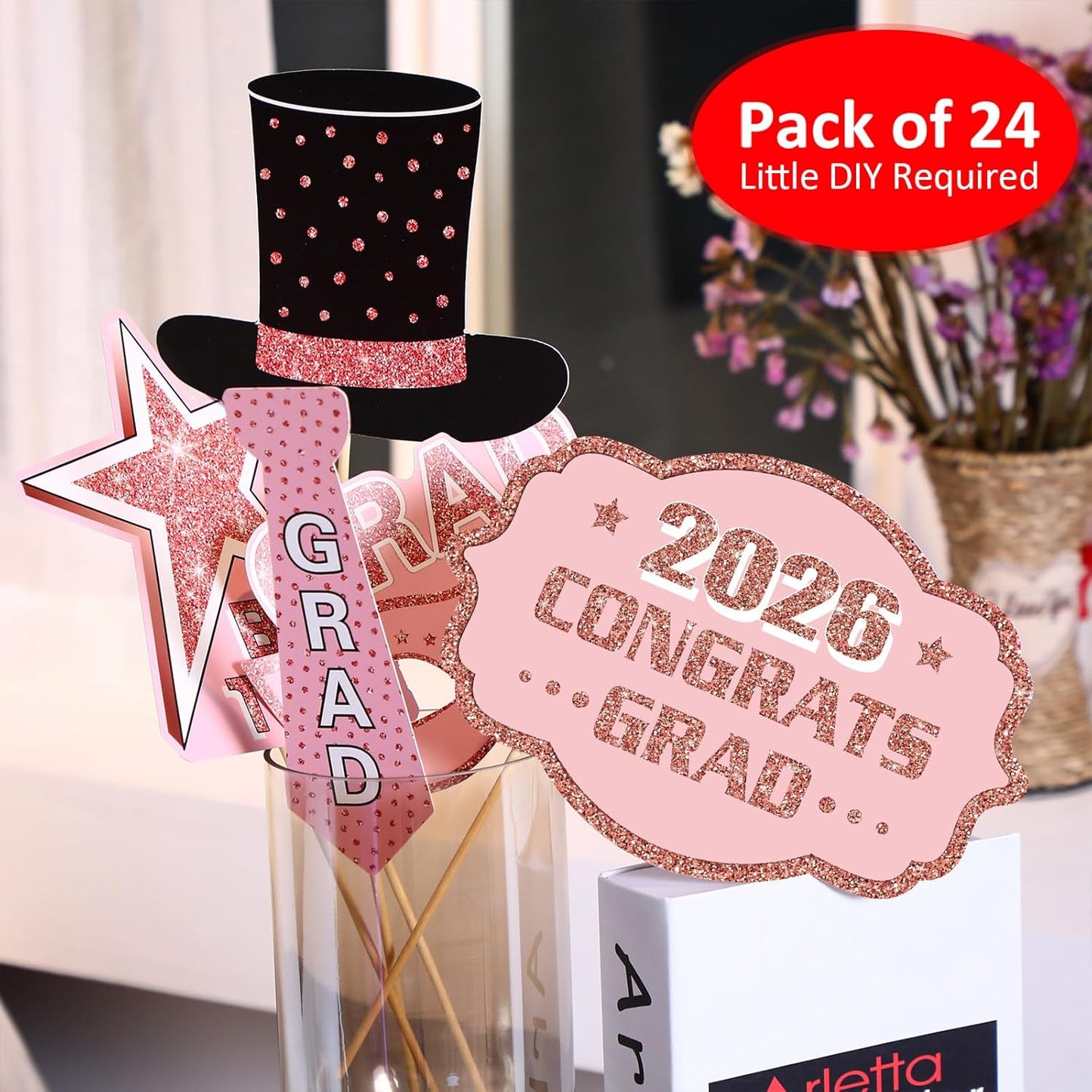 Blulu 24 Pieces 2026 Graduation Party Photo Booth Props Kit, Funny Graduation Party Selfie Props, Selfie Photo Frame for High School and College Grad Favors Supplies(Pink)