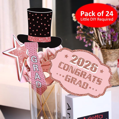 Blulu 24 Pieces 2026 Graduation Party Photo Booth Props Kit, Funny Graduation Party Selfie Props, Selfie Photo Frame for High School and College Grad Favors Supplies(Pink)
