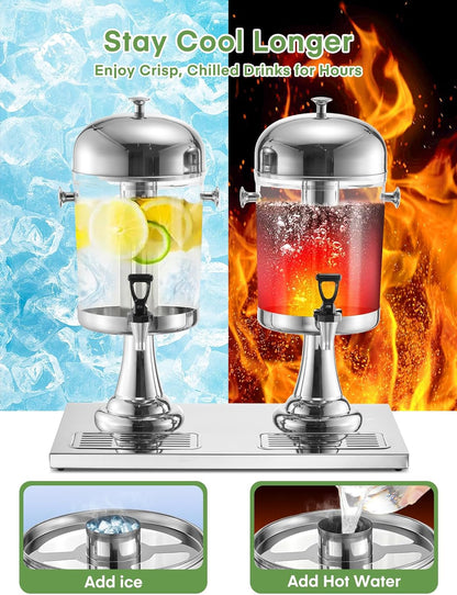 Drink Dispensers for Parties, 4.4 Gallon Beverage Dispenser with Stand & Ice Core, Stainless Steel Beverage Dispenser, Commercial Hot Cold Juice Dispenser with Drip Tray for Bar Buffet Home