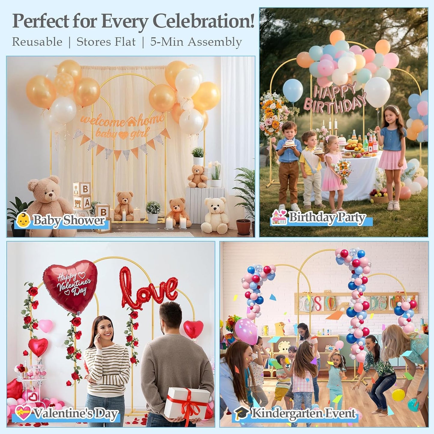 Wedding Arch Backdrop Stand, 6FT, 5FT, 4FT Set of 3 Metal Gold Balloon Arch kit Stand for Ceremony Baby Shower Birthday Bridal Party Event Background Decoration, Garden Climbing Plant Fram