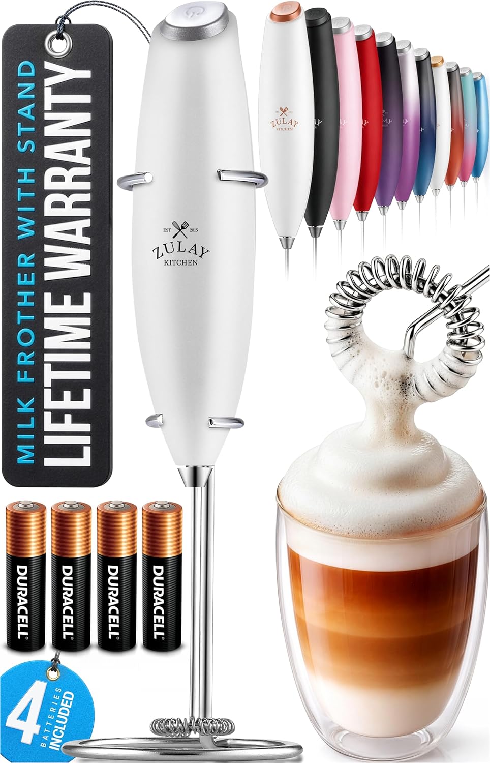 Zulay Kitchen Powerful Milk Frother Wand With Duracell Batteries - Ultra Fast Handheld Drink Mixer - Electric Whisk Foam Maker for Coffee, Lattes, Cappuccino & Matcha - Z1 Motor - Black - Colors B