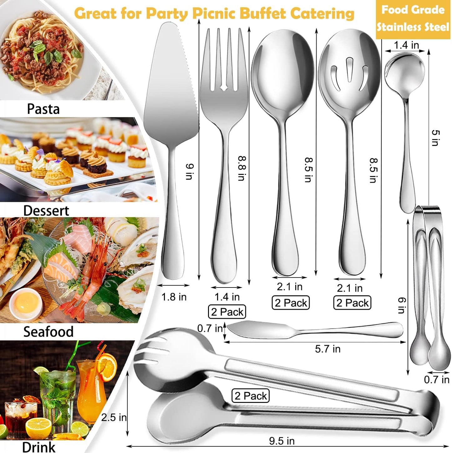 11 PCS Serving Utensils, Large Stainless Steel Spoons Forks Tongs, Pie Server, Great for Hostess Buffet Catering Banquet Party, Silver