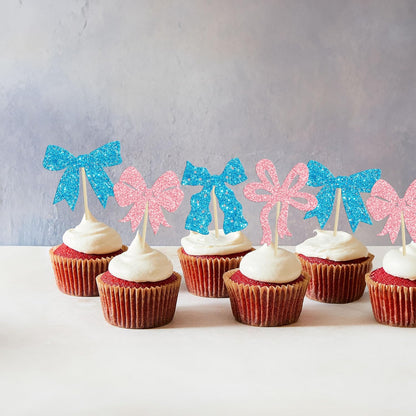 Ephlyn 24Pcs Pink Bow Cupcake Toppers Bow Birthday Cake Topper Girls Birthday Party Decorations Bowknot Cupcake Decorations for Bridal Wedding Themed Party Multi