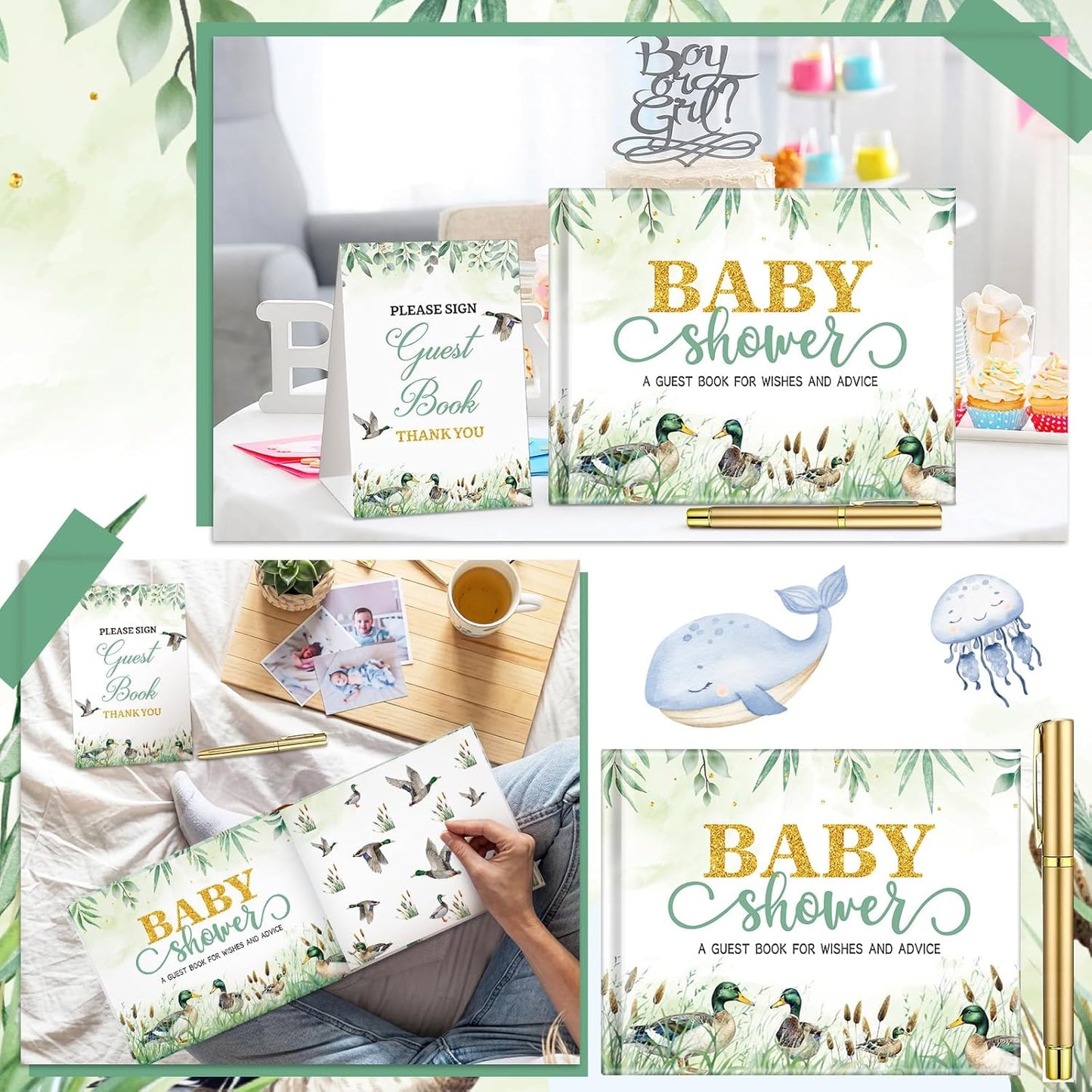 Fuyoooo 27 Pcs Safari Animal Baby Shower Guest Book Set Baby Shower Sign in Guest Floral Book Place Table Cards with Gold Pen Adhesive Photo Corner for Birthday Party
