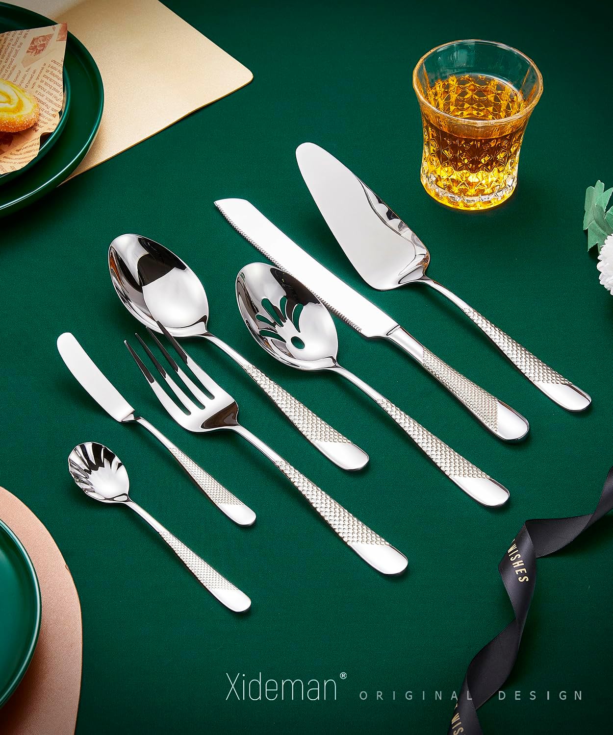 Xideman® 7-Piece Hammered 18/10 Stainless Steel Silverware Serving Utensil Set - Hostess Flatware with Cake Knife & Cake Server (Champagne Gold)