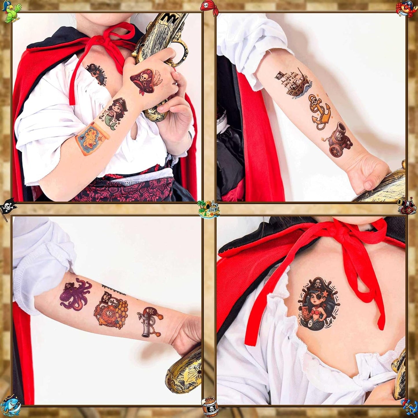 Ozepao 100 Pcs Pirate Temporary Tattoos for Kids,（2'' x 2''）Individually Wrapped Tattoos, Pirate Ship Nautical Themed Birthday Decorations, Party Favors Supplies