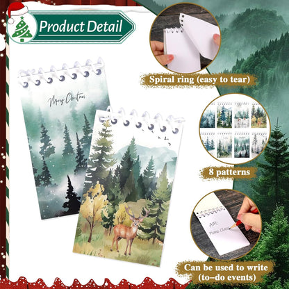 Konsait Christmas Tree Notepads, Watercolor Pine Tree Mini Spiral Notebooks Xmas Note Pads Message Reminder for Christmas Office Supplies Christmas School Party Favors (8 Pieces)