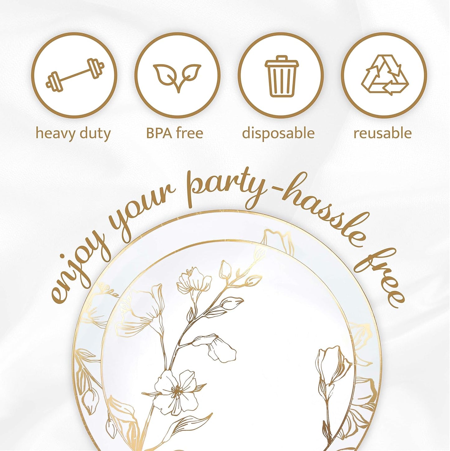 PLASTICPRO [16 OZ 20 Count] White Plastic Floral Design Party Soup bowls With Gold Rim Premium heavyweight Elegant Disposable Tableware Dishes