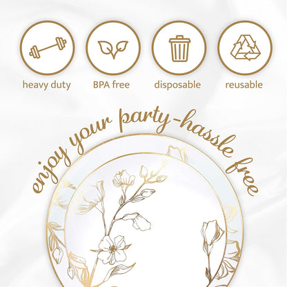 PLASTICPRO [16 OZ 20 Count] White Plastic Floral Design Party Soup bowls With Gold Rim Premium heavyweight Elegant Disposable Tableware Dishes