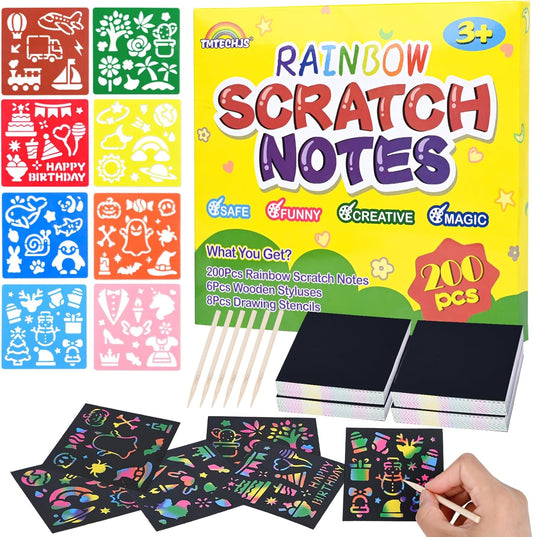 TMTECHJS 200 PCS Rainbow Scratch Paper Scratch Art for Kids Mini Notes with Stencils for Girls Boys Teens Rainbow Notebook Arts and Crafts Students School Birthday Party Travel Favors Supplies