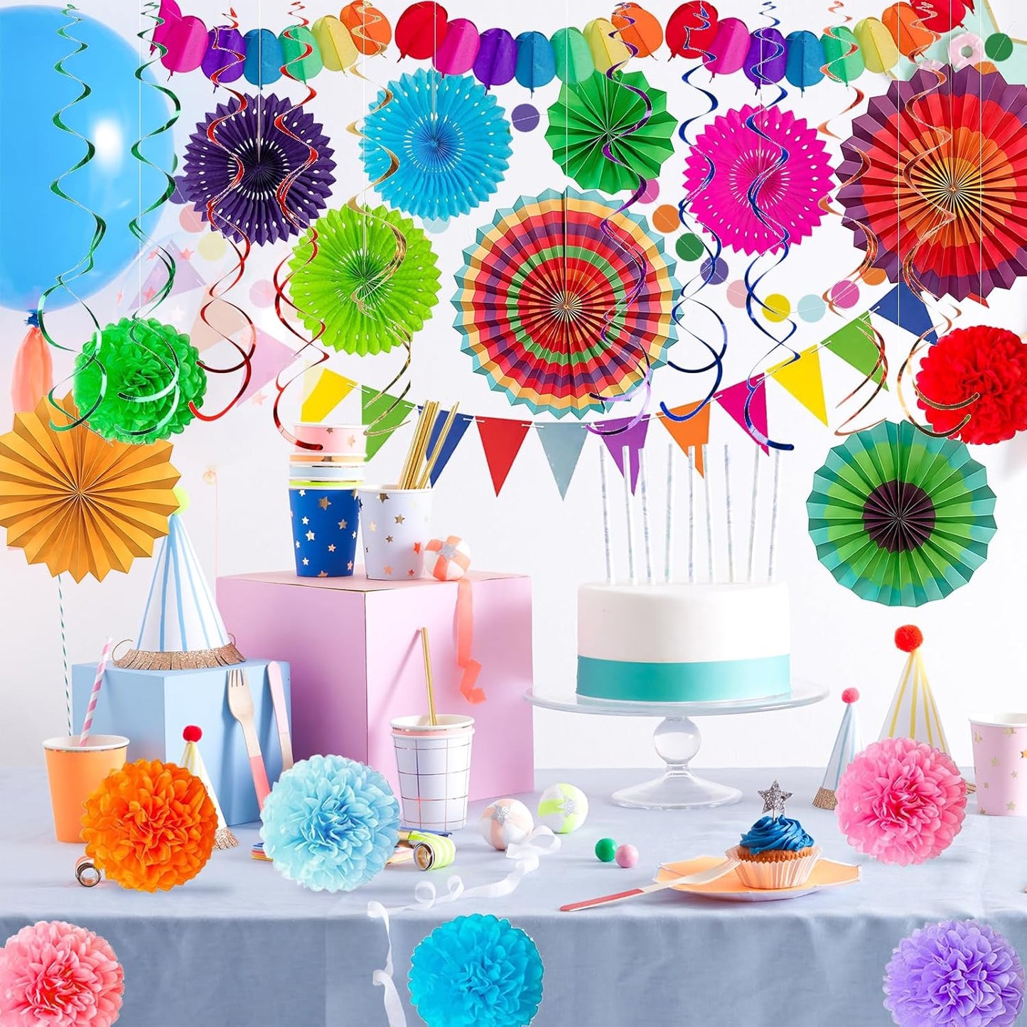 LRCXL 12PCS Party Hanging Paper Fans Set, Fiesta Round Pattern Paper Garlands Decoration Party Supplies for New Year Baby Shower Birthday Wedding Graduation Events Accessories(Yellow)