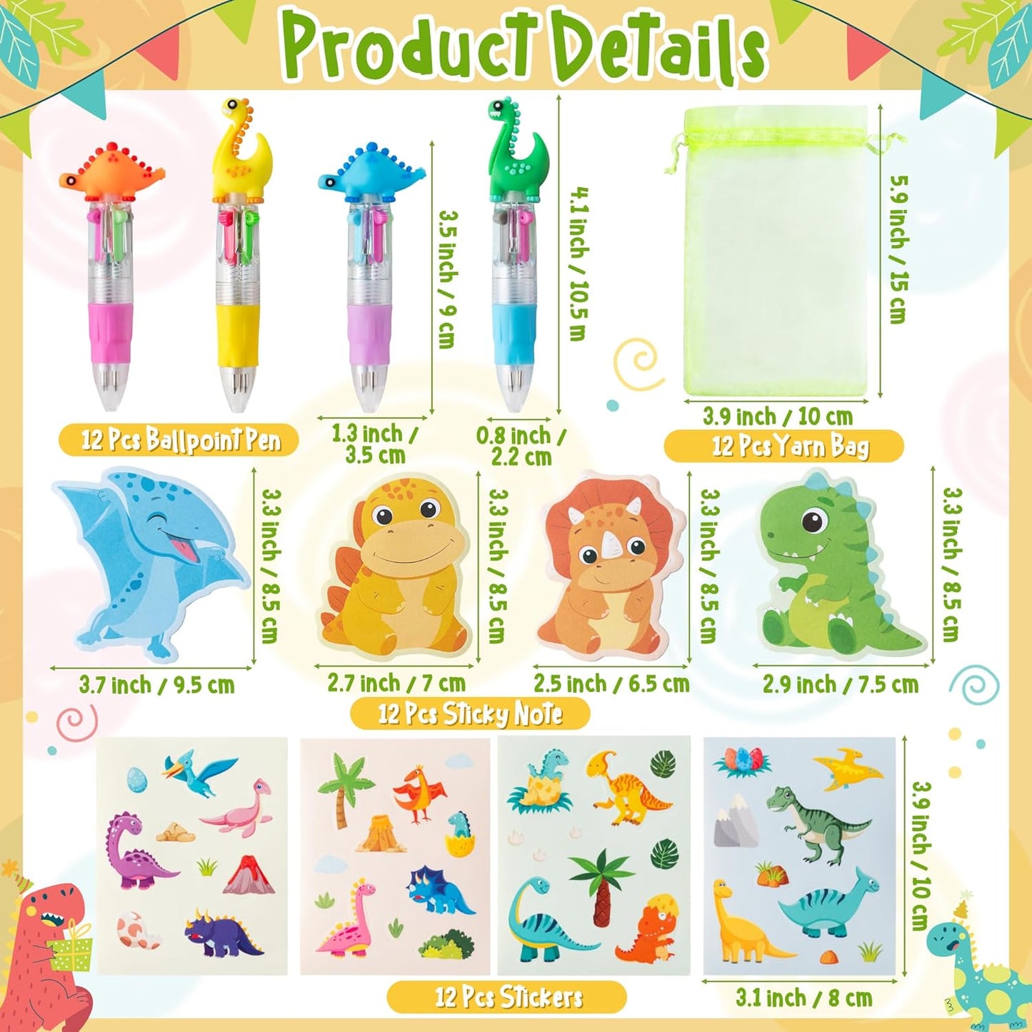 CY2SIDE Dinosaur Stationery Party Gift - 24 Pack Back to School Gifts Set Include 4-in-1 Ballpoint Pens Sticky Notes Stickers & Organza Dino Animal Party Favors Goodie Bag Fillers for Classroom Prizes