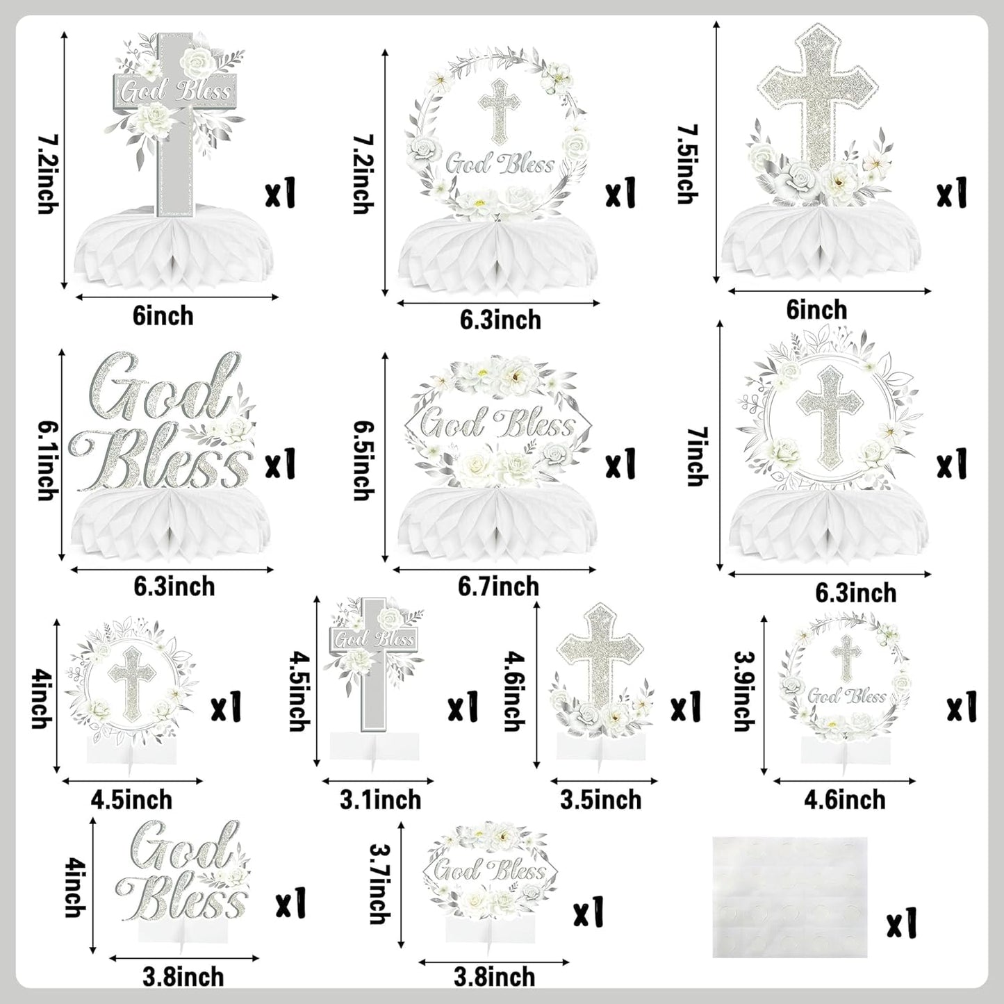 ANGOLIO Baptism Centerpieces Table Decorations - 12Pcs God Bless White Sliver Floral Honeycomb Centerpieces Party Supplies Cross Religious Table Toppers for Bible Baby Shower Birthday Party Favors