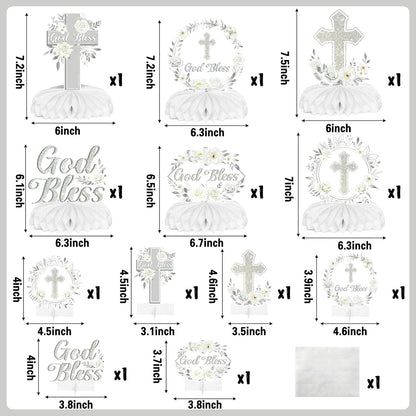 ANGOLIO Baptism Centerpieces Table Decorations - 12Pcs God Bless White Sliver Floral Honeycomb Centerpieces Party Supplies Cross Religious Table Toppers for Bible Baby Shower Birthday Party Favors
