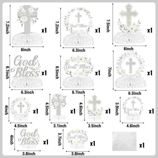 ANGOLIO Baptism Centerpieces Table Decorations - 12Pcs God Bless White Sliver Floral Honeycomb Centerpieces Party Supplies Cross Religious Table Toppers for Bible Baby Shower Birthday Party Favors